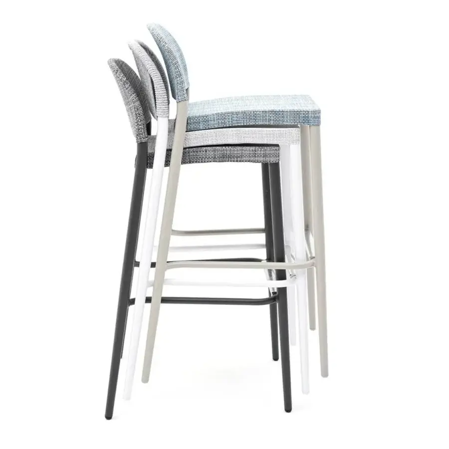Superior Varaschin Clever stool with cool blue and gray woven textile, light gray powder-coated aluminum frame and connecting footrest