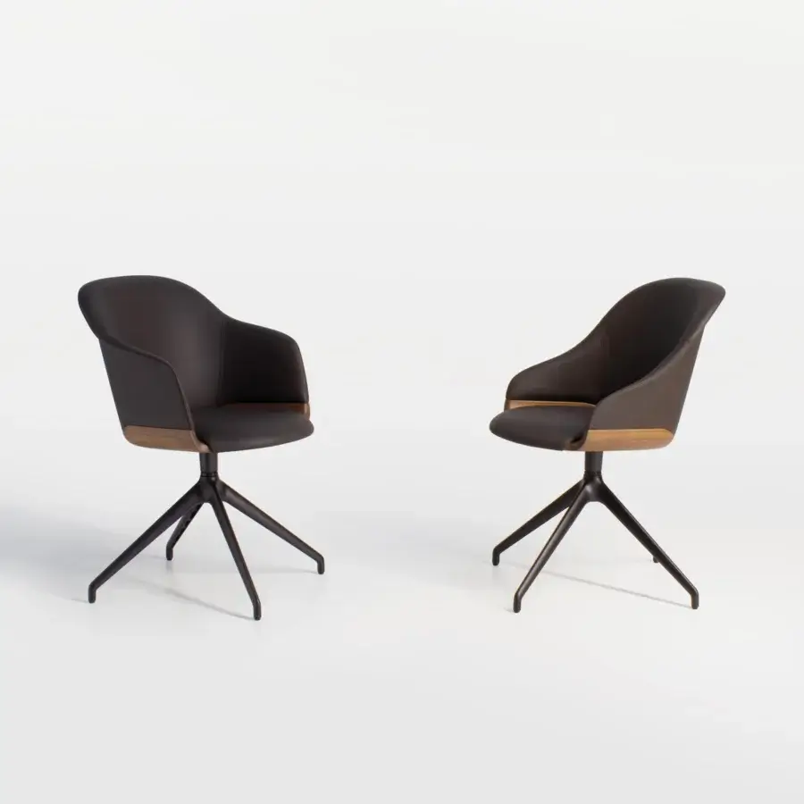 Superior Potocco Lyz chair with sinuous lines and dark brown textile upholstery complemented by medium-toned wood accents built with a four-star swivel base
