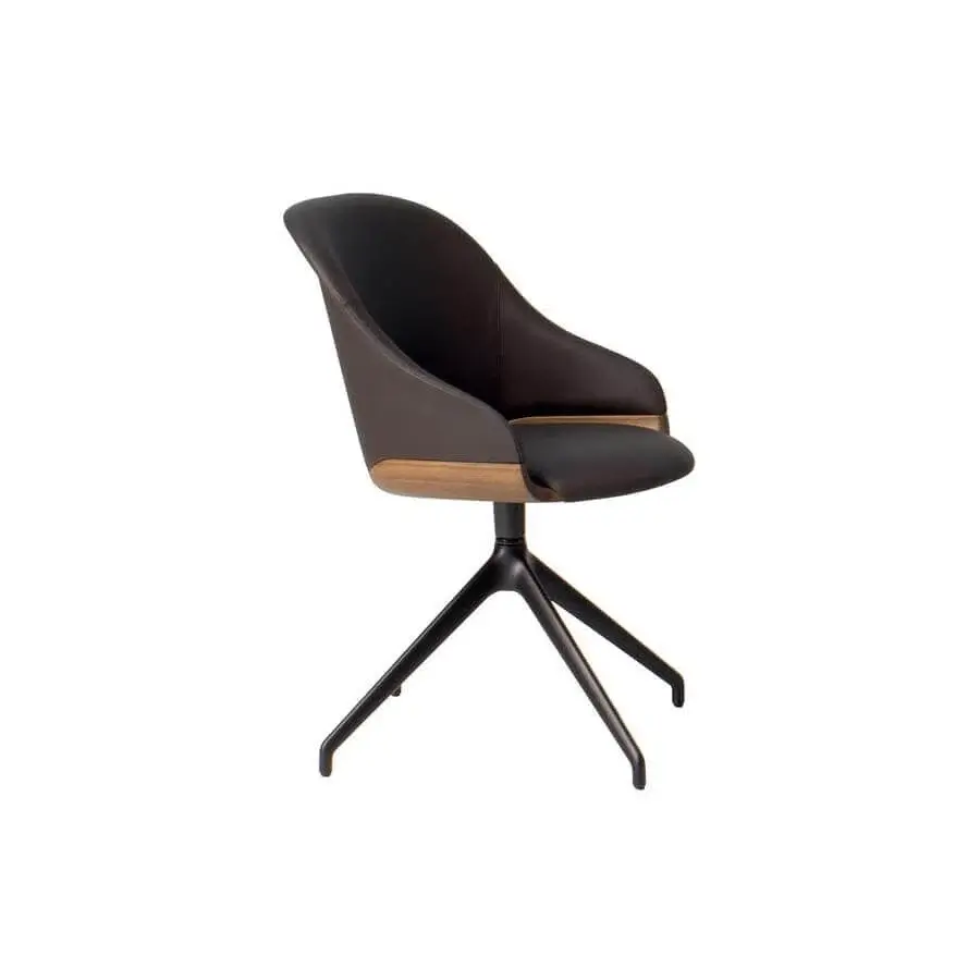 Elegant Potocco Lyz chair and armchair with sinuous lines in dark brown leather and light brown wooden legs with seat detail