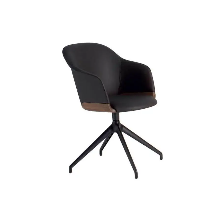 Impeccable Potocco Lyz chair with sinuous silhouette in black upholstery and dark stained wood detail with matte black metal legs