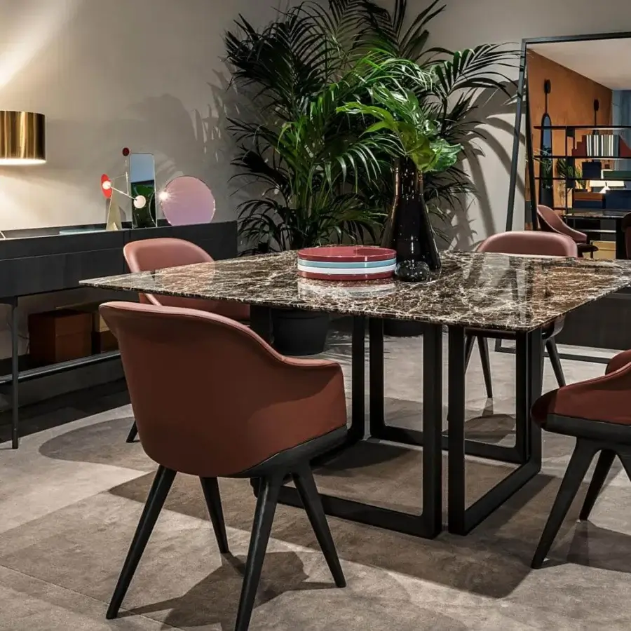 Superior Potocco Lyz chair with a curved silhouette fully upholstered in reddish-brown fabric and dark-stained wooden legs
