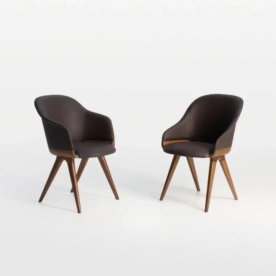 Elegant Potocco Lyz chair with sinuous form upholstered in dark brown leather and satin-finished wooden armrests