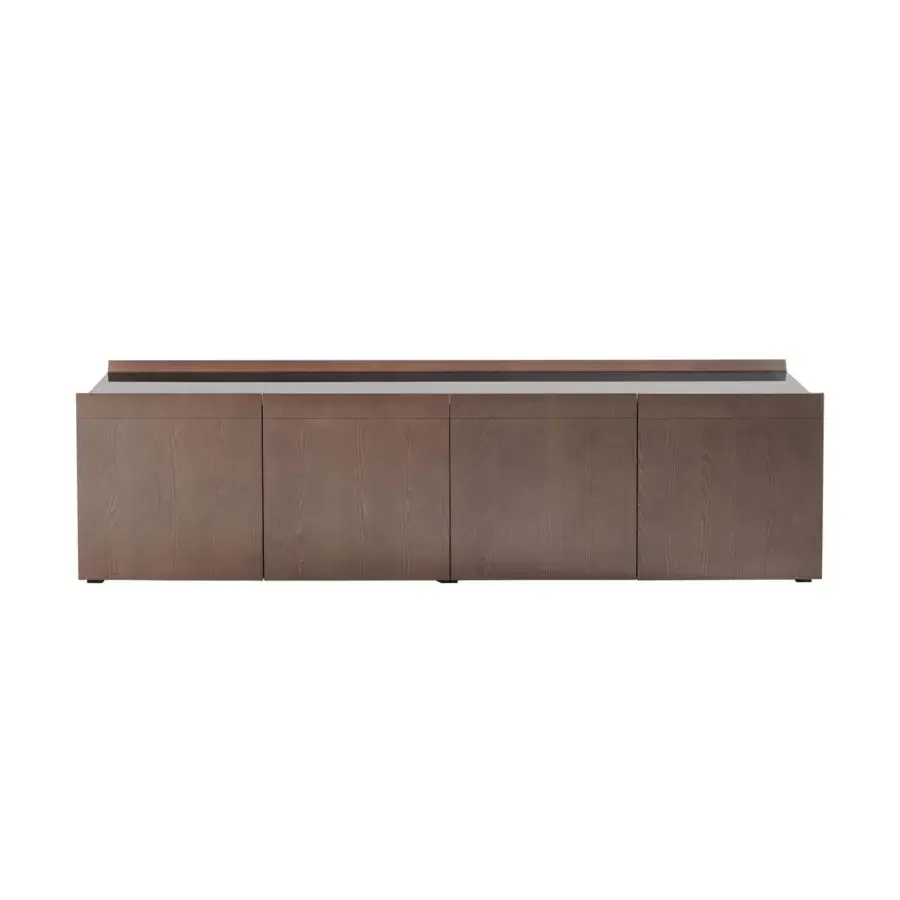 Exceptional Potocco Avant sideboard with veneered Canaletto walnut and smooth medium brown finish exhibiting concealed black glass shelves