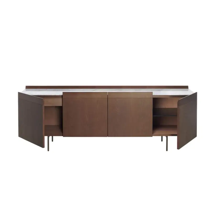 Superior Potocco Avant sideboard crafted with veneered ash, light back-painted glass top and medium brown finish