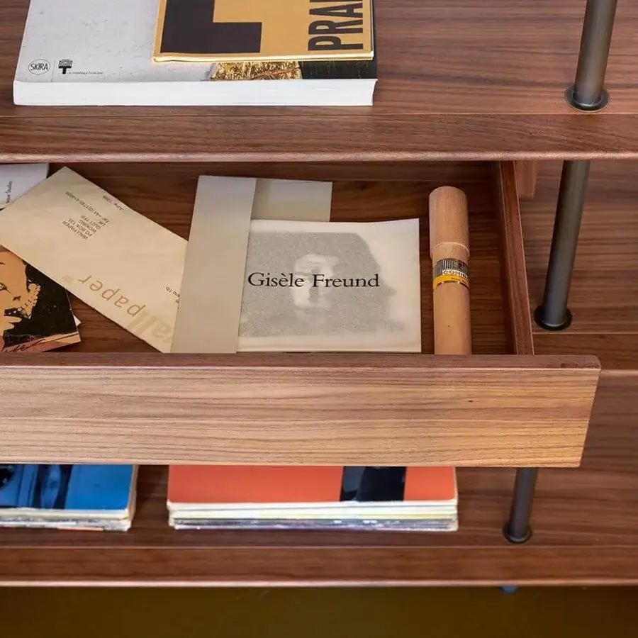 Superior Potocco Arial bookcase with alternating inclined wooden shelves and bronzed brass or anthracite embossed metal structure