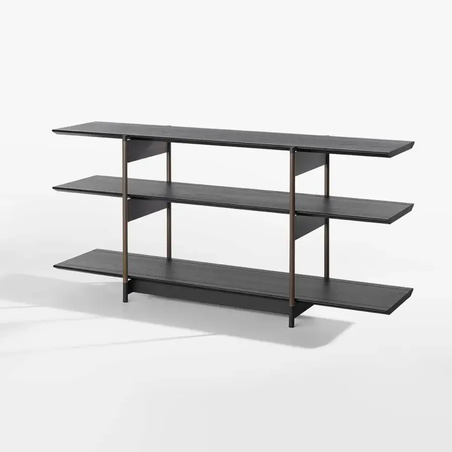 Elegant Potocco Arial bookcase with three wooden shelves and bronzed brass supports in a dark finish