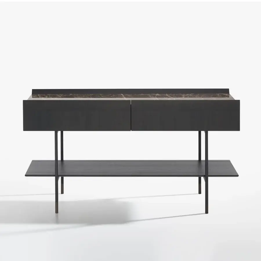 Distinguished Potocco Arial console with Canaletto ash lower surface and bronzed brass legs built with a marble-effect top and dark wood drawers