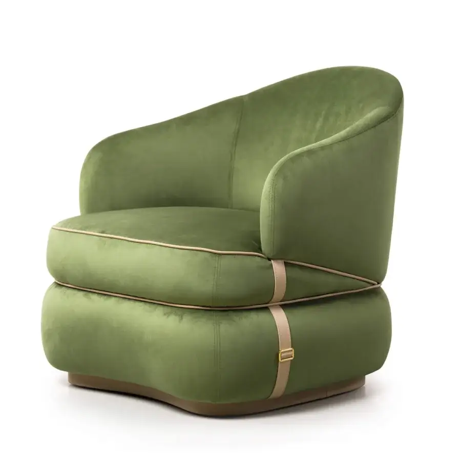 Exclusive Turri Bloom lounge chair with soft lines upholstered in matte green textile and decorative leather strap