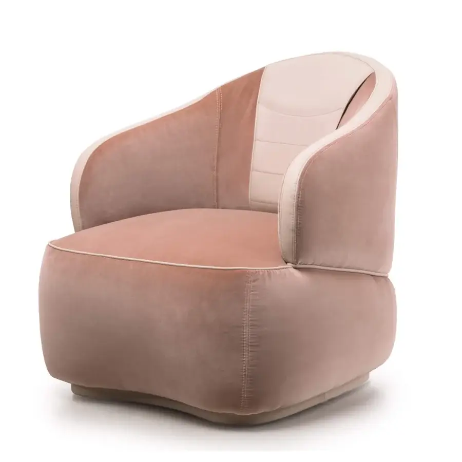 Superior Turri Bloom lounge chair with graceful lines in muted pink velvet and off-white leather insert