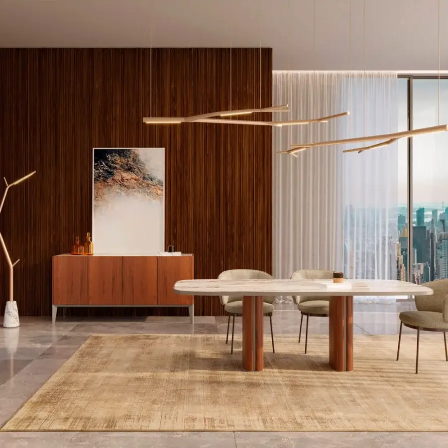 Superior Horm Aira floor lamp with gold painted brass frame and cylindrical premium marble base