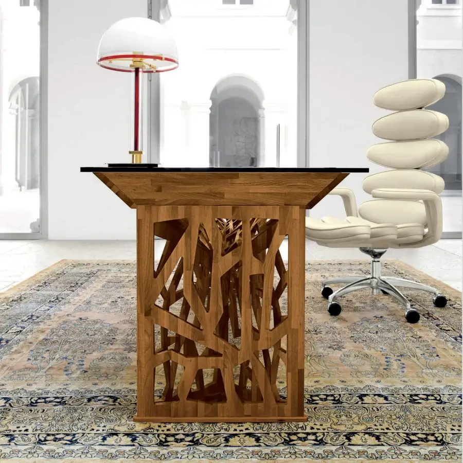 Sophisticated Mascheroni Delta desk with black crystal top and solid walnut base crafted with natural oils