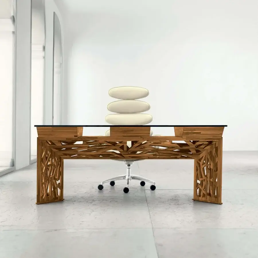 Distinguished Mascheroni Delta desk with crystal top and solid walnut strip structure finished with hand-applied natural oils