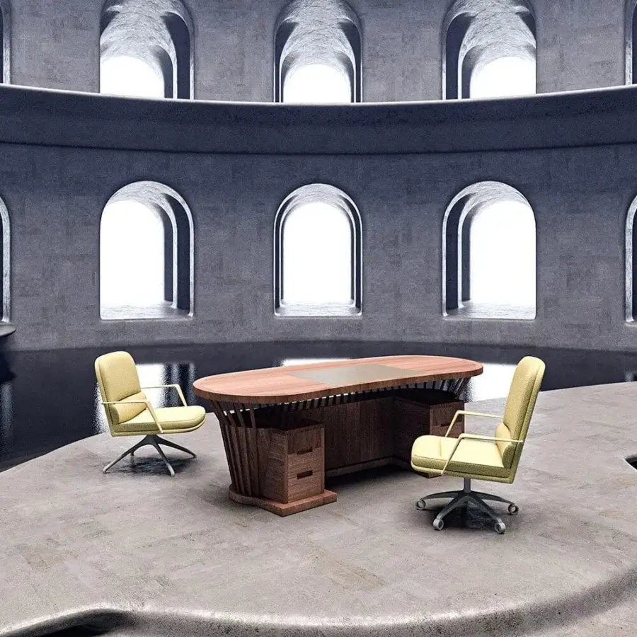 Distinguished Mascheroni Velasca desk crafted in Canaletto walnut with natural bovine leather pad and smooth matte finish
