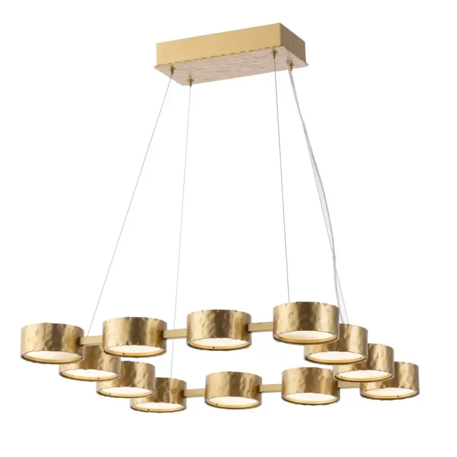 Elegant Stillux Circle suspension lamp with circular matt white glass diffusers encased in hammered golden-toned metal frames