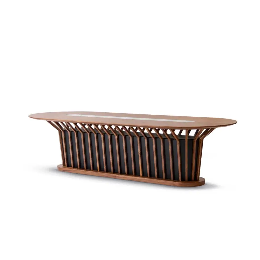 Distinguished Mascheroni Velasca conference table with oval light inlay and a striking dark wood slat base crafted in smooth wood