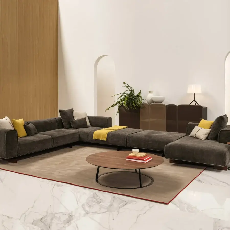 Superior Horm Albino Family coffee table with smooth brown wood veneer tabletop and lightweight black metal base