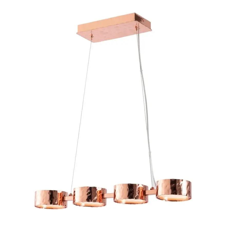 Elegant Stillux Circle suspension lamp with four circular matt white glass diffusers encased in hammered copper-colored metal frames