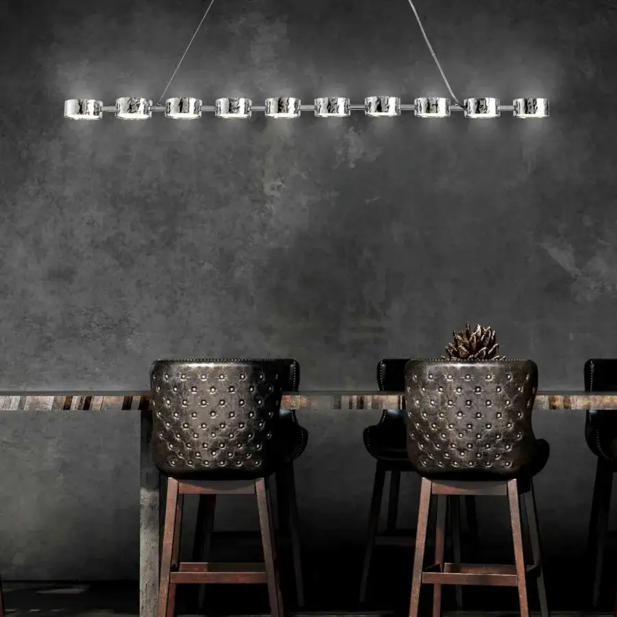 Distinguished Stillux Circle suspension lamp with evenly spaced circular matt white glass diffusers encased in hammered metal frames