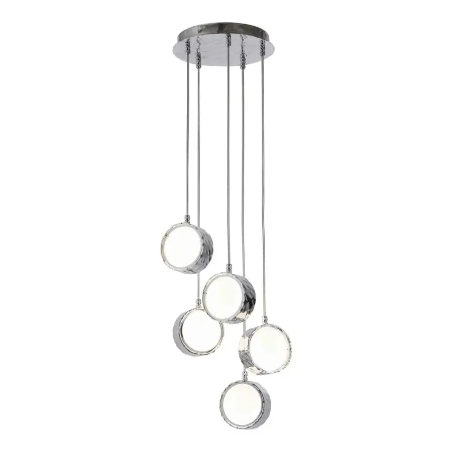 Distinguished Stillux Circle suspension lamp with five circular matt white glass diffusers and refined hammered metal frame in chrome finish