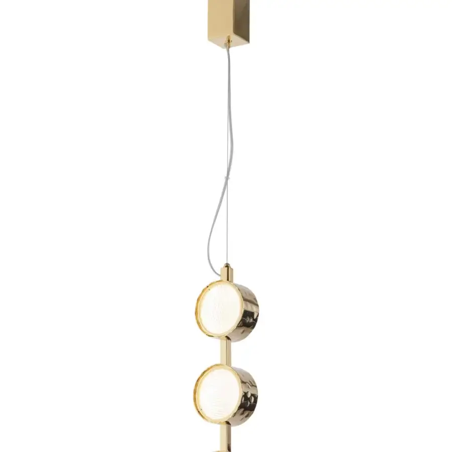Superior Stillux Circle suspension lamp with cascading circular matt white glass diffusers in hammered golden metal frames