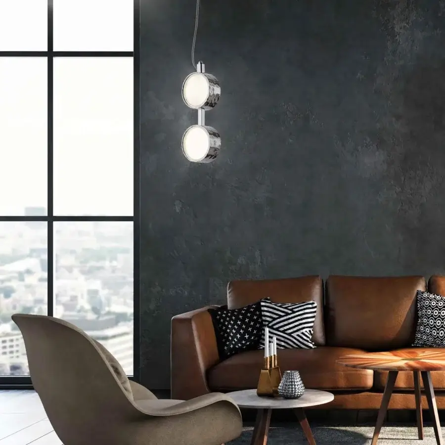 Distinguished Stillux Circle suspension lamp with circular matt white glass diffusers and glossy silver hammered metal frame