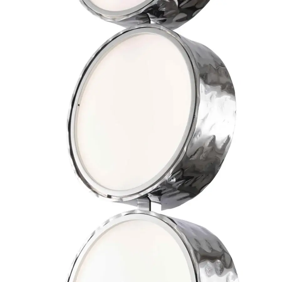 Exceptional Stillux Circle suspension lamp with stacked circular matt white glass diffusers in hammered reflective chrome metal frames