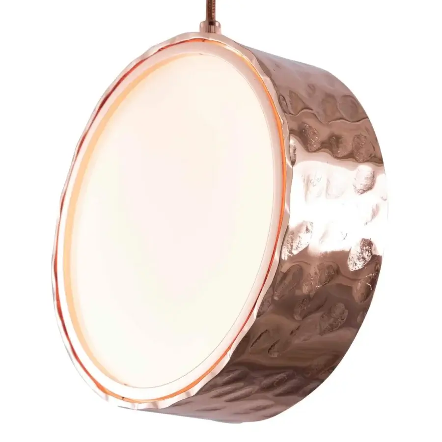 Elegant Stillux Circle suspension lamp with a circular matt white glass diffuser and glossy hammered metal frame
