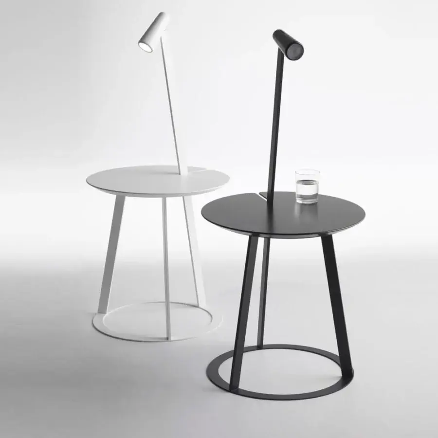 Distinctive Horm Albino Torcia side table with a white metal structure and detachable wooden tray supporting a magnetic LED torch