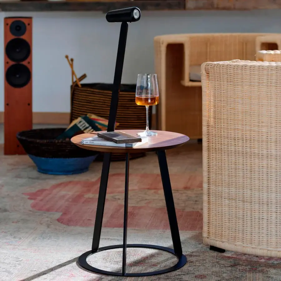 Superior Horm Albino Torcia side table with a warm wooden tray and sleek black metal structure crafted in Italy