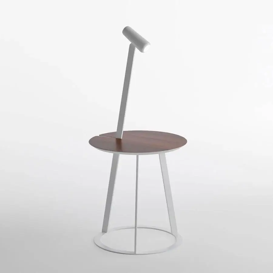 Exceptional Horm Albino Torcia side table with a dark brown wooden tray and white metal frame, including a magnetically attached torch
