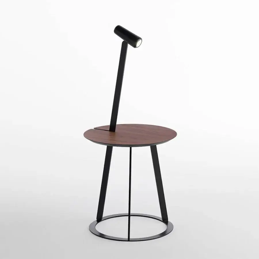 Distinguished Horm Albino Torcia side table crafted with a smooth wooden tray and slender matte black metal frame with cylindrical light fixture
