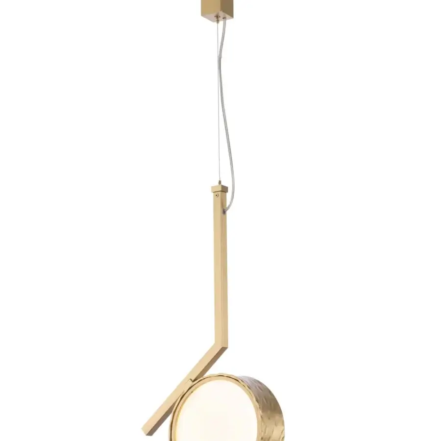 Superior Stillux Circle suspension lamp with a circular matt white glass diffuser and hammered gold-toned metallic finish