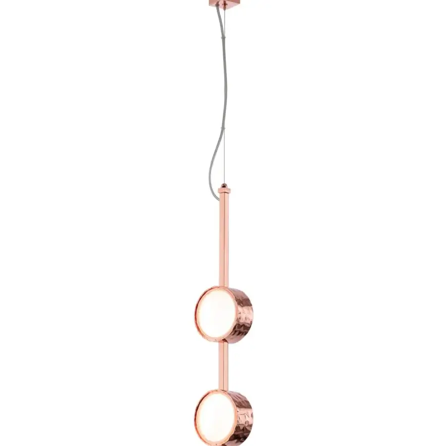 Elegant Stillux Circle suspension lamp with a light copper-toned hammered metal frame and matt white glass diffusers