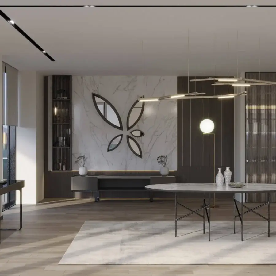 Superior Horm Alexander table with swirling grey and white marble tabletop and dark matte metal crisscrossing base