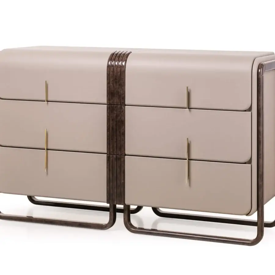 Distinguished Turri Eclipse dresser with curvilinear design, leather drawers and glossy lacquered wood, accented with light gold metal handles