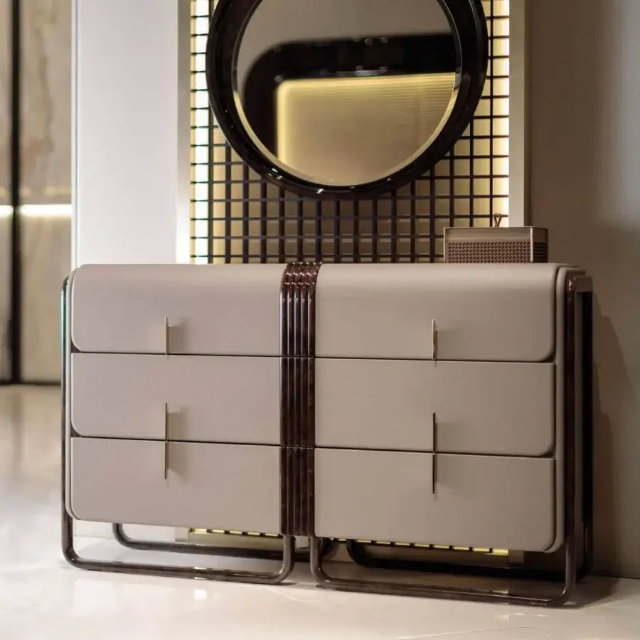 Superior Turri Eclipse dresser with curvilinear design, light grayish-beige material and glossy lacquered dark wood finish