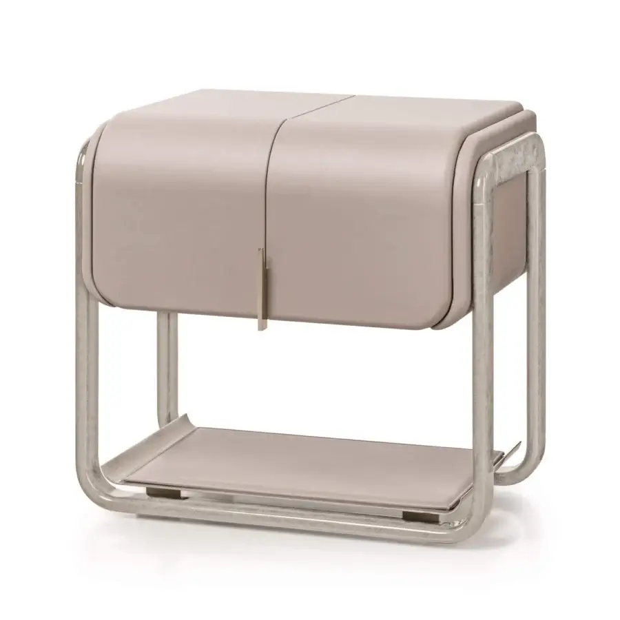Distinguished Turri Eclipse nightstand with rounded forms, light taupe leather and glossy lacquered wood finish