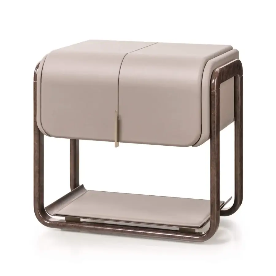 Exclusive Turri Eclipse nightstand with rounded shapes, light taupe leather and glossy lacquered finish