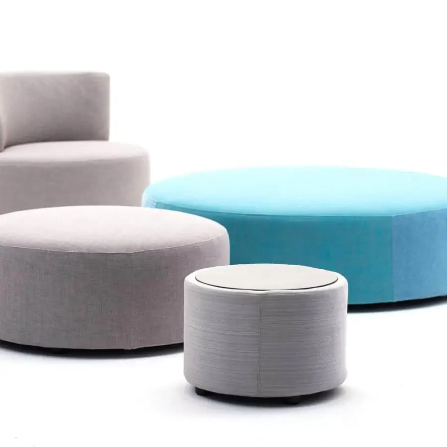 Exclusive Varaschin Belt side table with light gray textile and okumè wood, showcasing a smooth refined finish