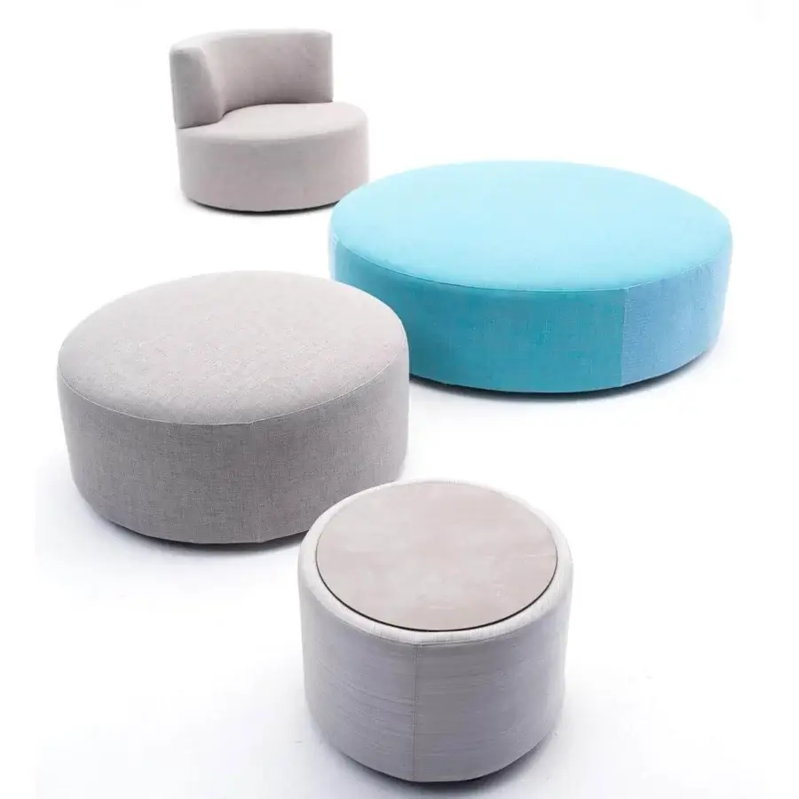 Superior Varaschin Belt side table with light gray textile and okumè wood built with a smooth beige HPL top