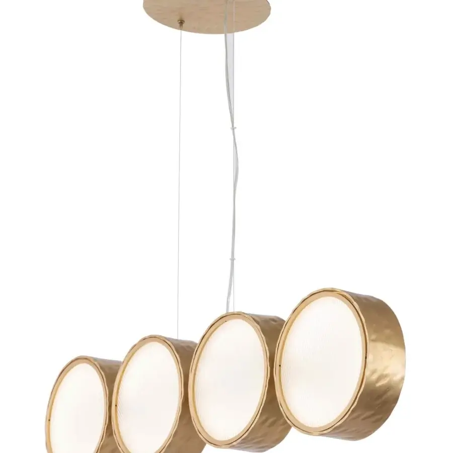 Captivating Stillux Circle suspension lamp with four circular matt white glass diffusers and golden hammered metal frames