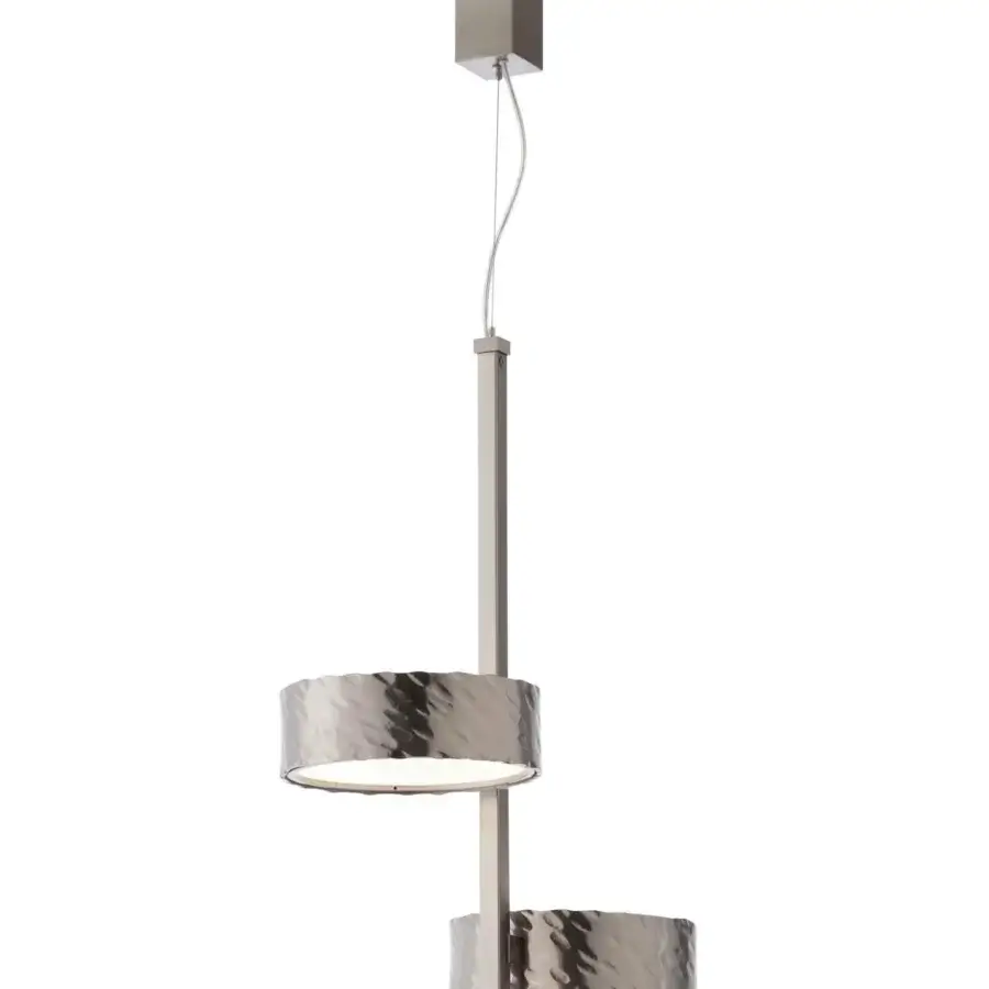 Superior Stillux Circle suspension lamp with two circular matt white glass diffusers and hammered metal frames in a light-toned metal finish