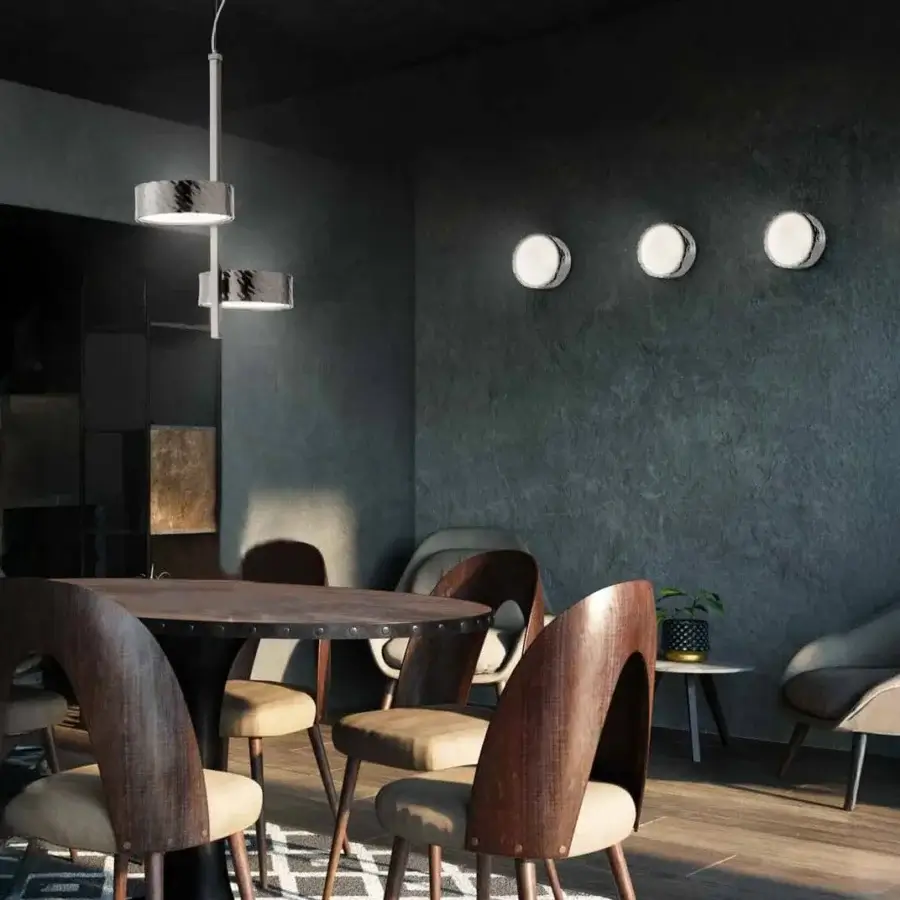 Exclusive Stillux Circle suspension lamp with two circular matt white glass diffusers and refined hammered metallic silver finish
