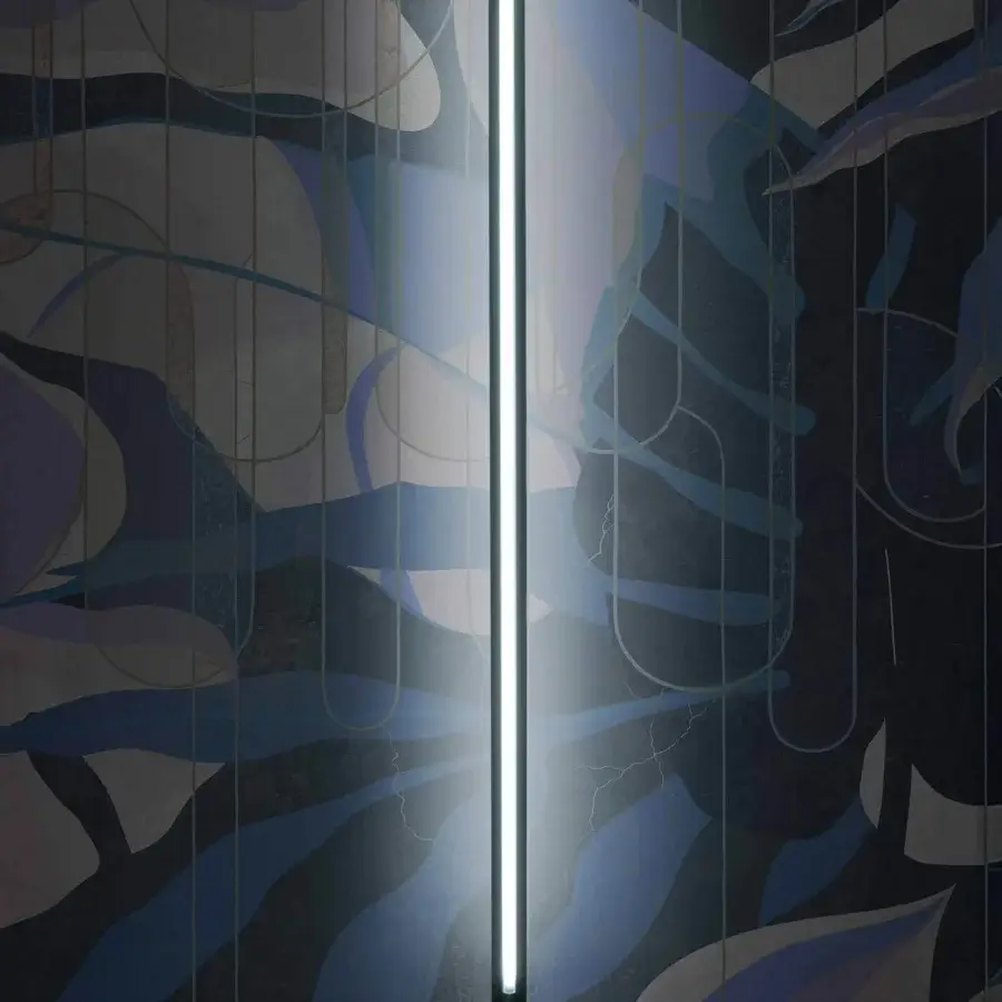 Distinguished Stillux Shape floor lamp crafted in Italy with frosted pyrex glass and a matte dark metal structure
