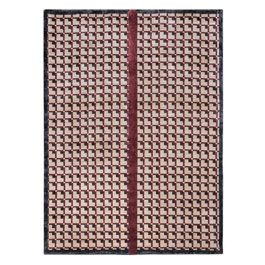 Exceptional Turri Eclipse rug with a chessboard motif in silk, showcasing red lines on a light beige background and dark grey trim