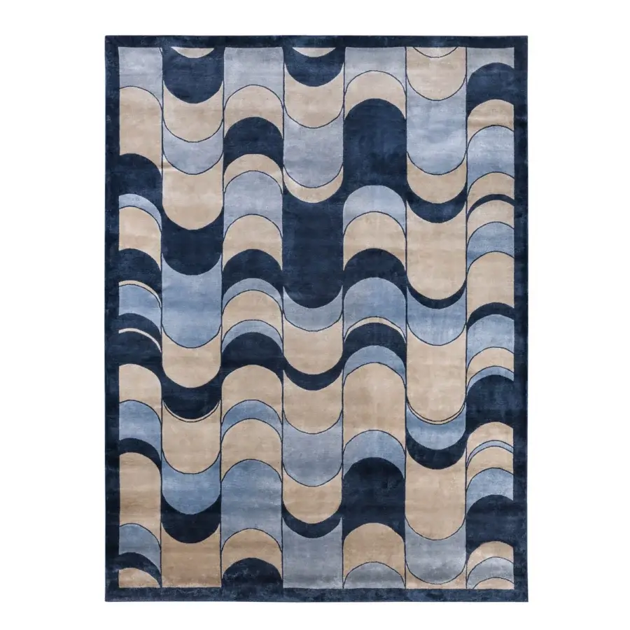 Exclusive Turri Eclipse rug displays a modern geometric style hand-knotted in lustrous silk with dark blue and beige columns