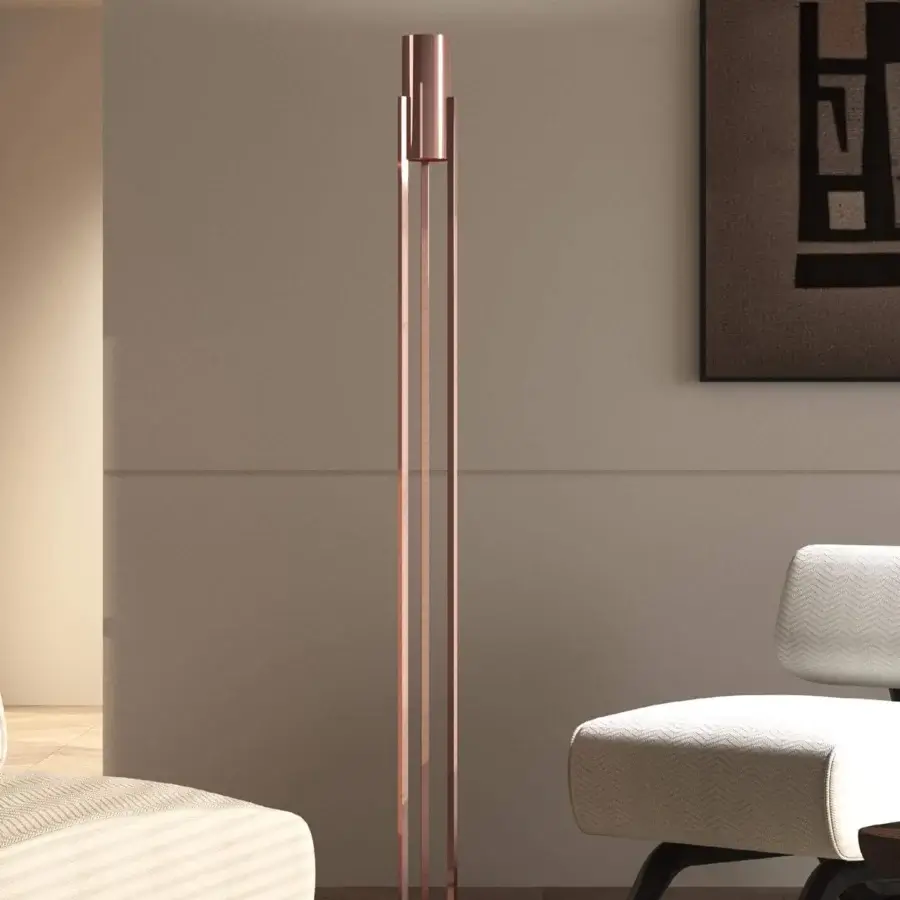 Distinguished Stillux The Shape floor lamp presents a minimalist design with a warm copper metal structure and metallic effect finish