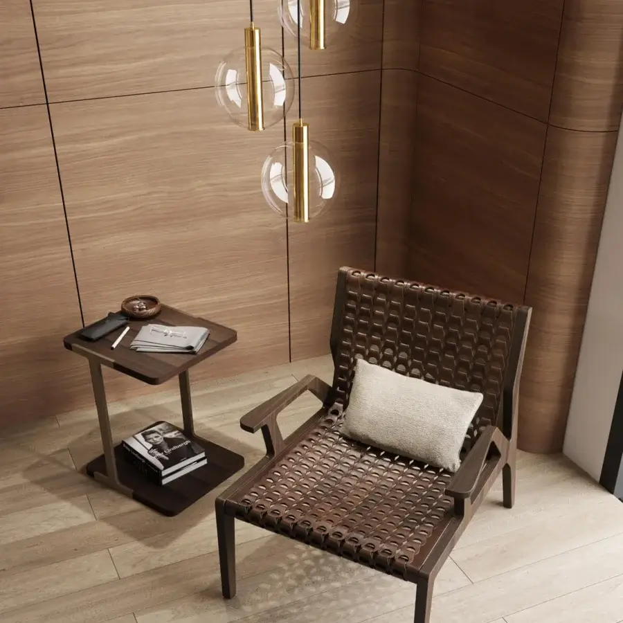 Distinguished Turri Net Lounge Chair with woven saddle leather and walnut wood exhibiting a matte finish