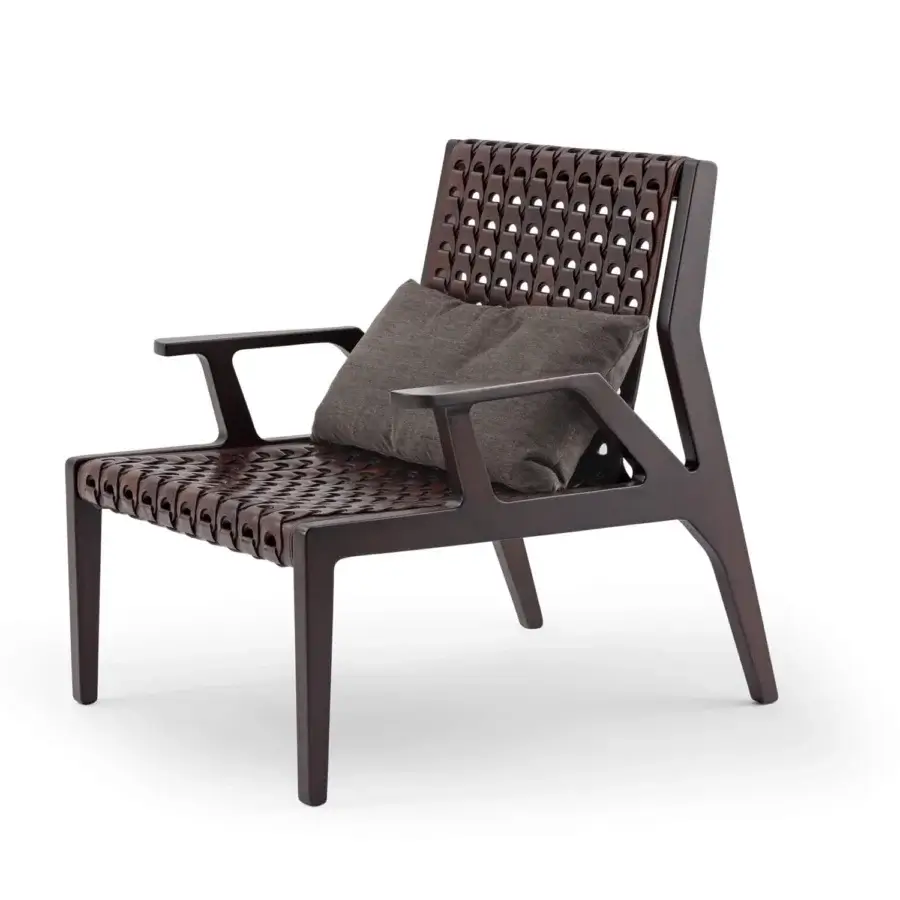 Superior Turri Net Lounge Chair with woven saddle leather and walnut wood in a dark finish