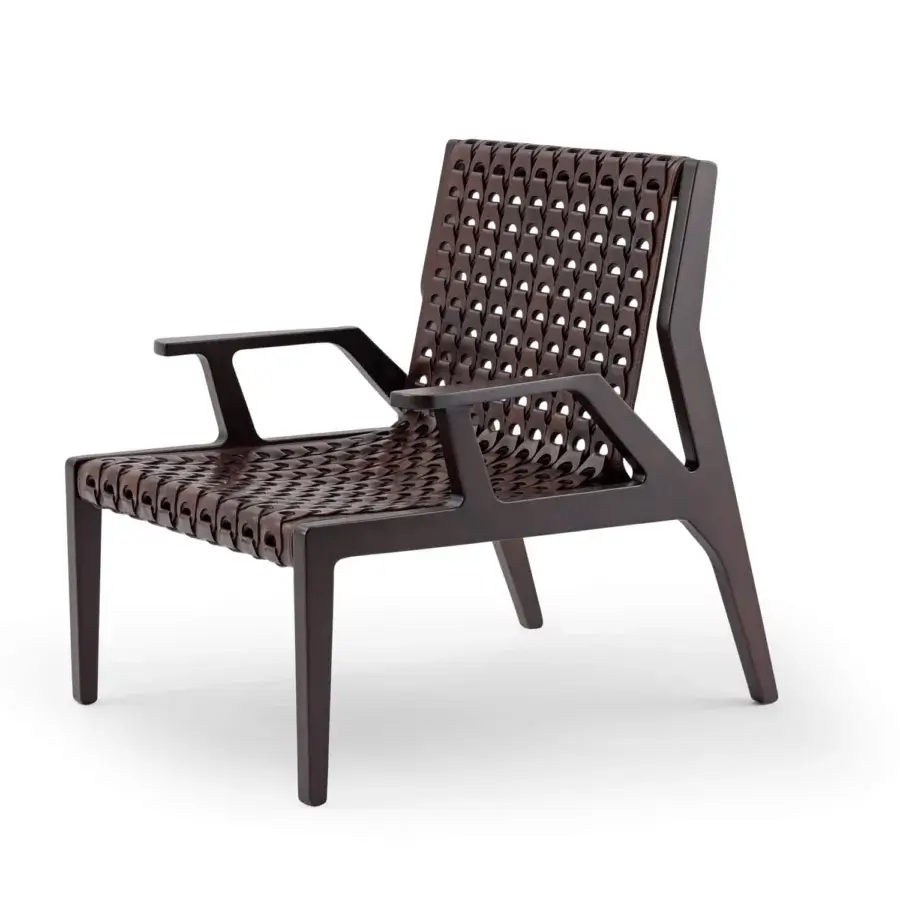 Elegant Turri Net Lounge Chair with woven saddle leather and dark brown stained walnut wood frame